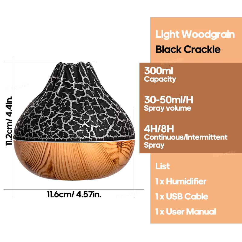 Volcano Air Humidifier 300Ml Portable Ultrasonic Air Humidifier Household Electric Desktop Diffuser Wood Grain Sprayer